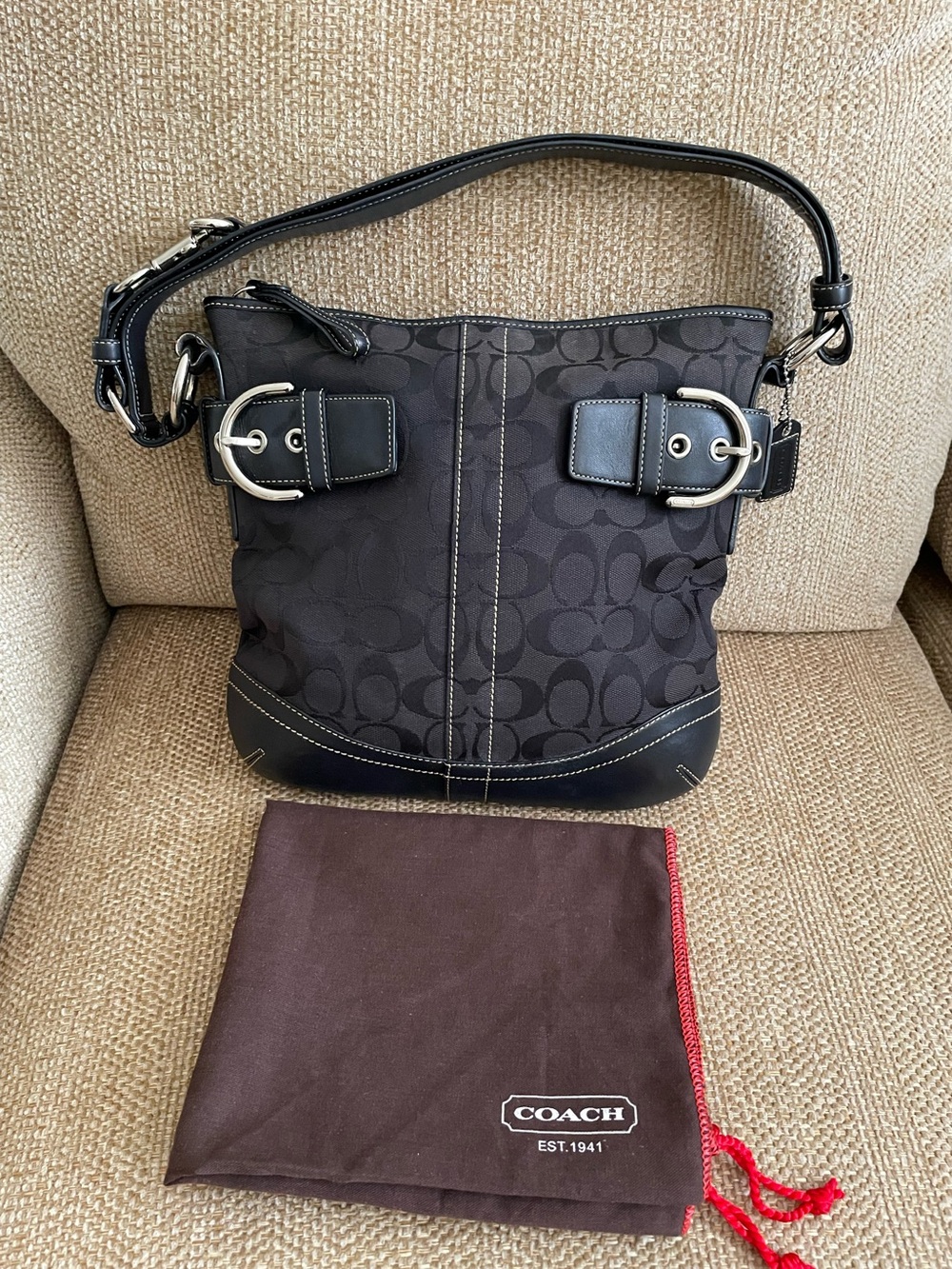 Coach Black Signature Canvas Hobo Bag with Silver Buckle Accents